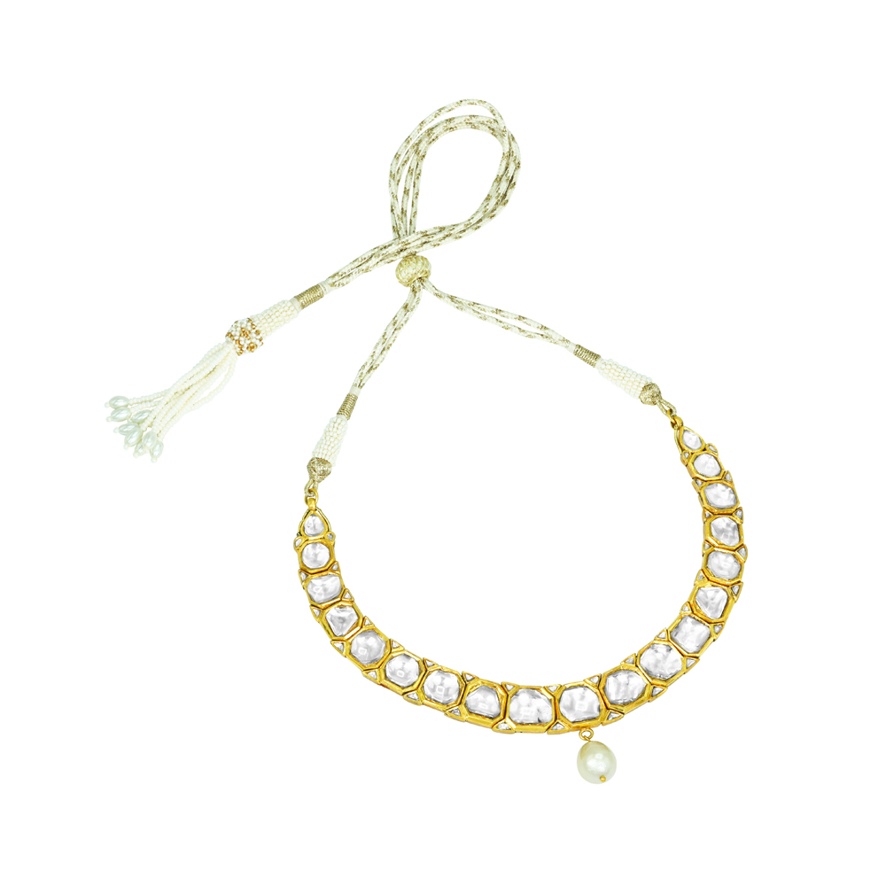 Polki Necklace with Gold Frame and Central Pearl Drop